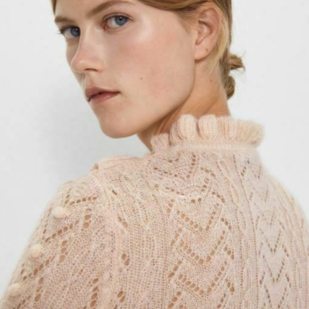 Zara Womens Pink Sweater Ruffle Trim Pointelle - Picture 2 of 7